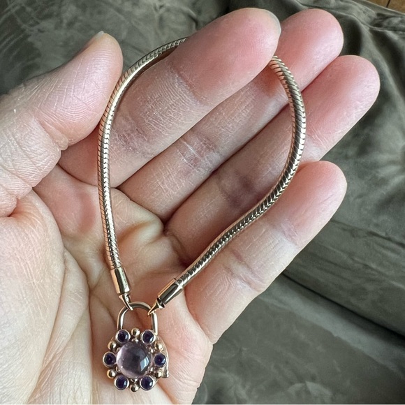 Retired Rare Pandora Carrier Gold Heraldic Snake Chain Amethyst Padlock Bracelet - Picture 5 of 8